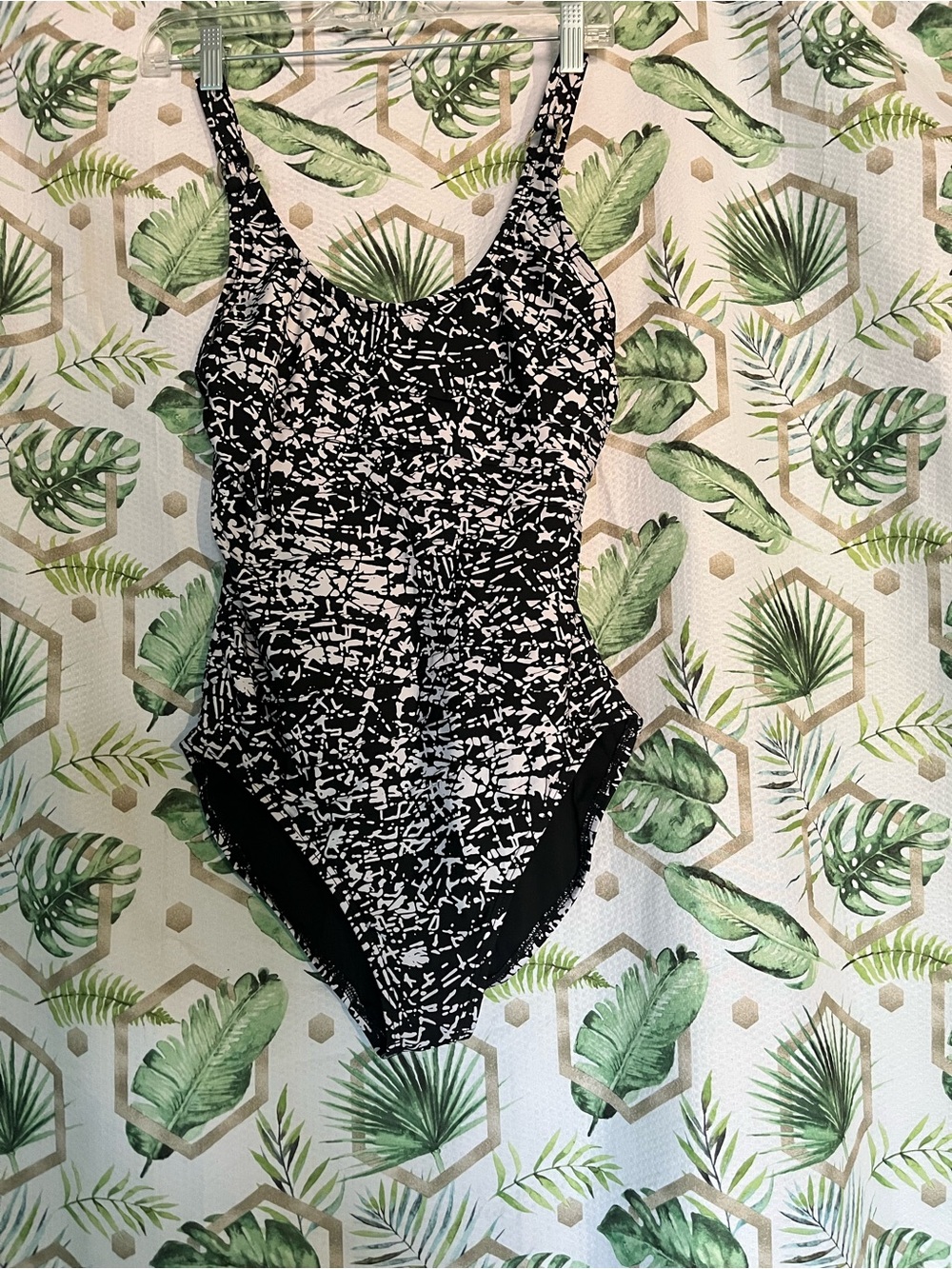 Calvin Klein Black & White Abstract Swim Top with Gold Logo